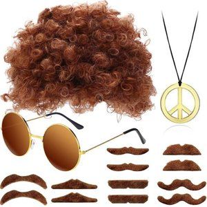 Hippie Afro Wig Disco Accessories Costume Set for Men Sunglasses Peace Sign